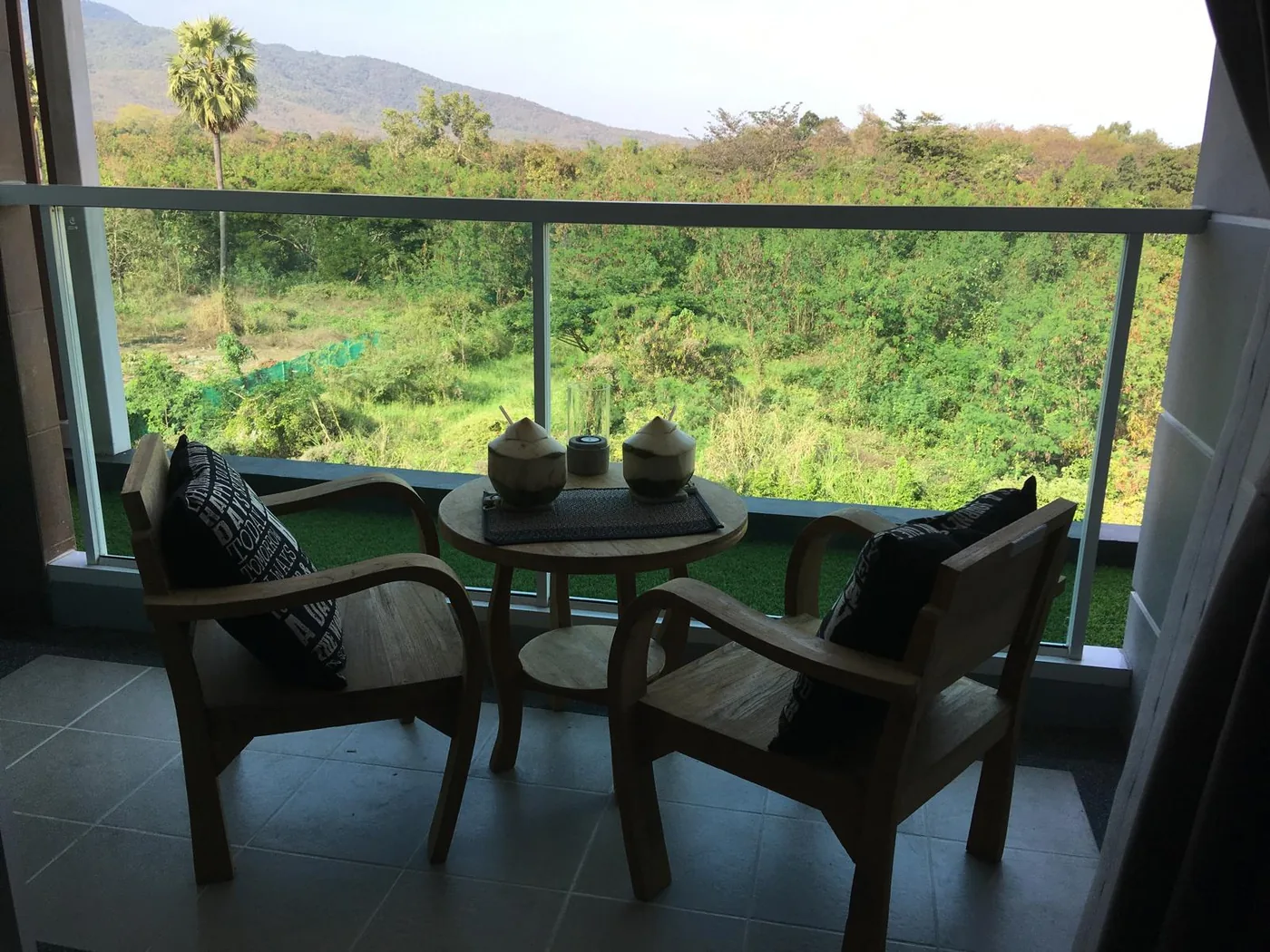 The balcony of the Rajapruek Greenery Hill unit looking over the valley and the foothills west of Chiang Mai.