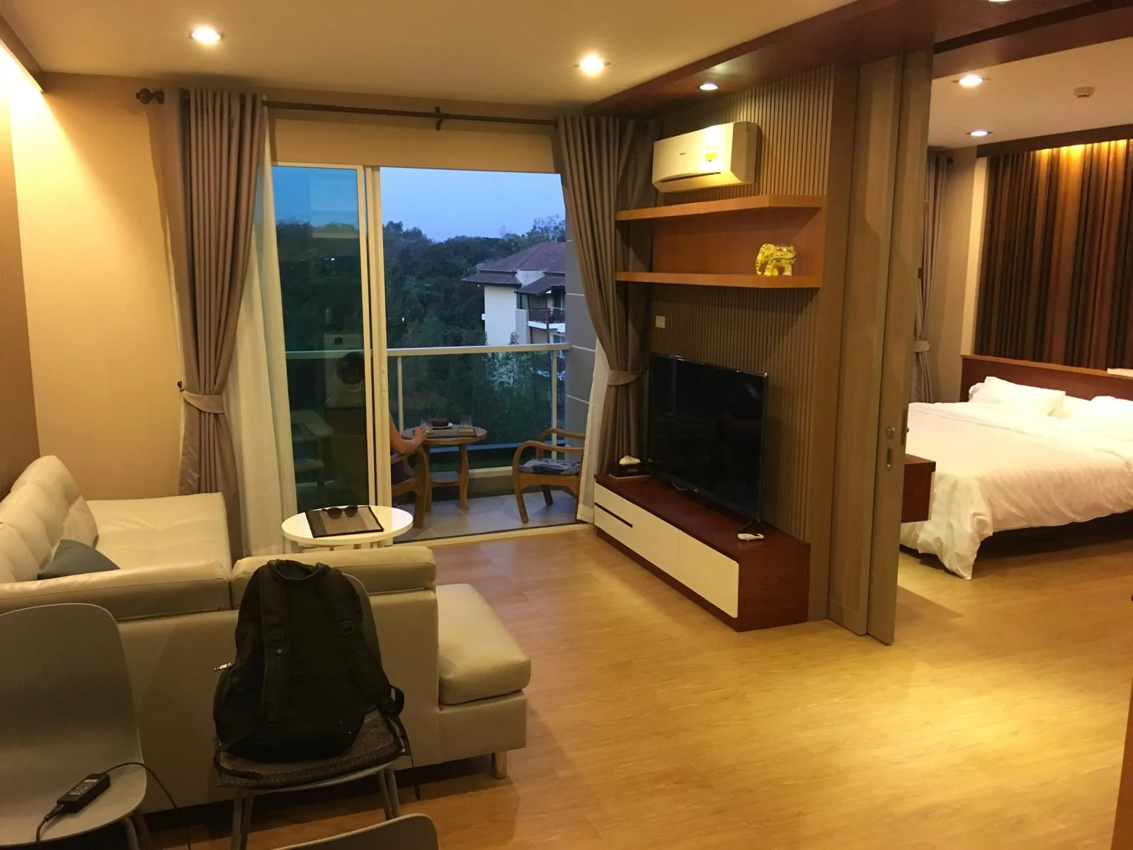 The Rajapruek Greenery Hill unit in Hang Dong, Chiang Mai: 49 square metres, open-plan living and sleeping area with a balcony over the valley.