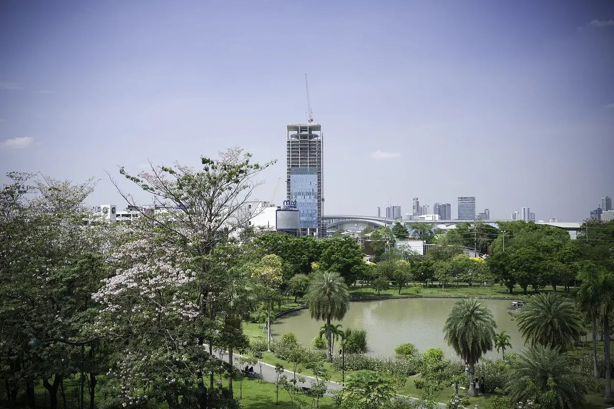 Chatuchak Park with the Lat Phrao skyline behind it — the northern value tier of the Bangkok condo market