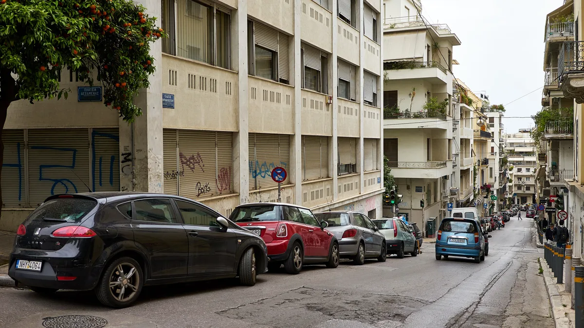 Apartment buildings on Irakleitou Street in Kolonaki, Athens, each recorded on the Hellenic Cadastre by KAEK