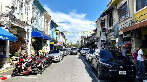 Sino-Portuguese shophouses on Thalang Road in Phuket Old Town — the domestic-anchored, cheapest condo catchment on the island