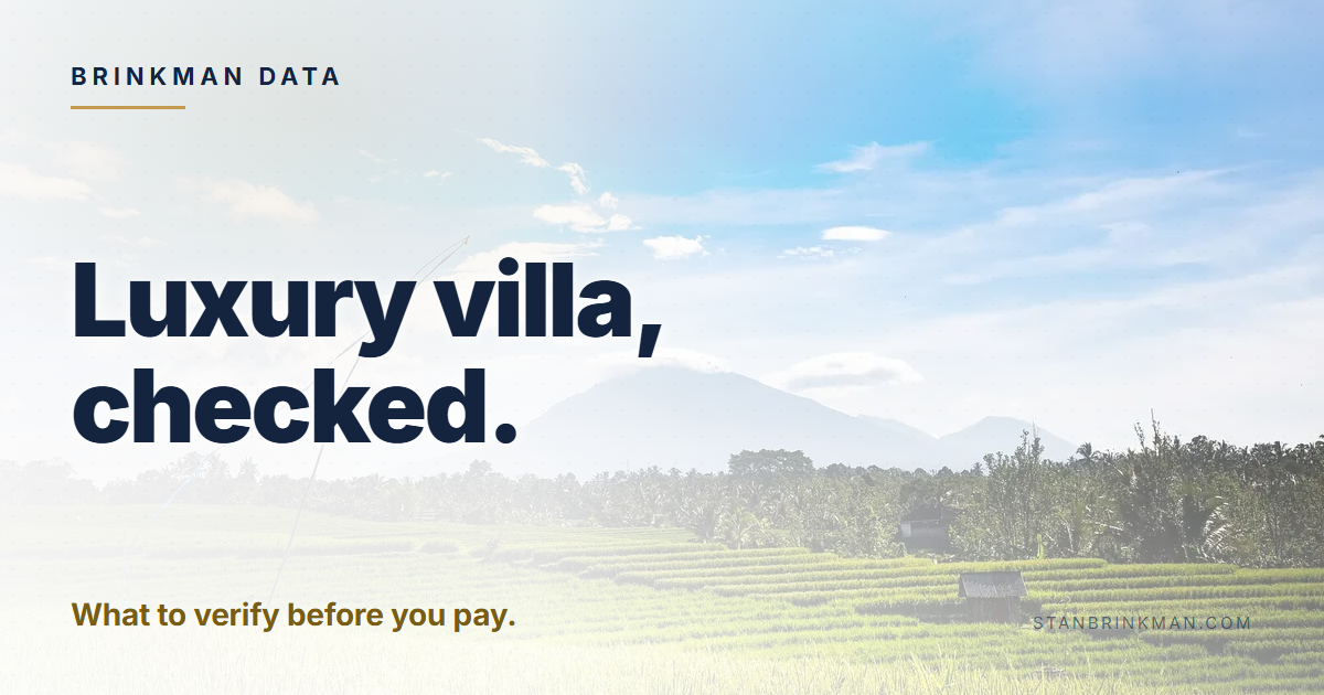 Bali luxury villa checks. What to verify before you pay. Brinkman Data brand card.