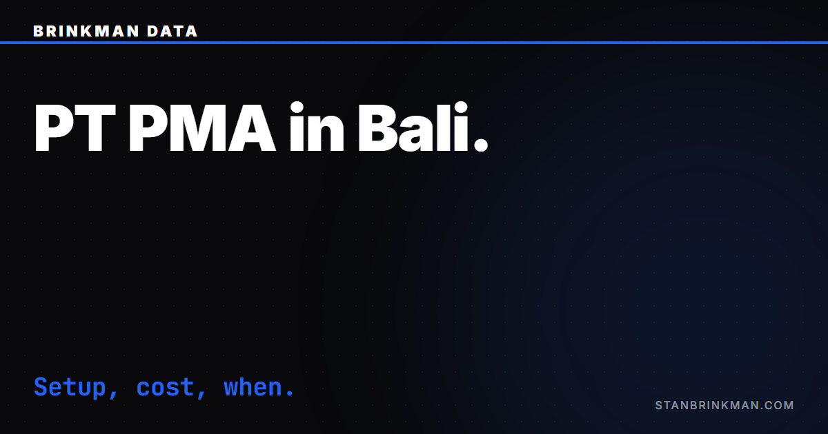 PT PMA in Bali — The Foreign-Investment Company Pathway. Brinkman Data SEO brand card.