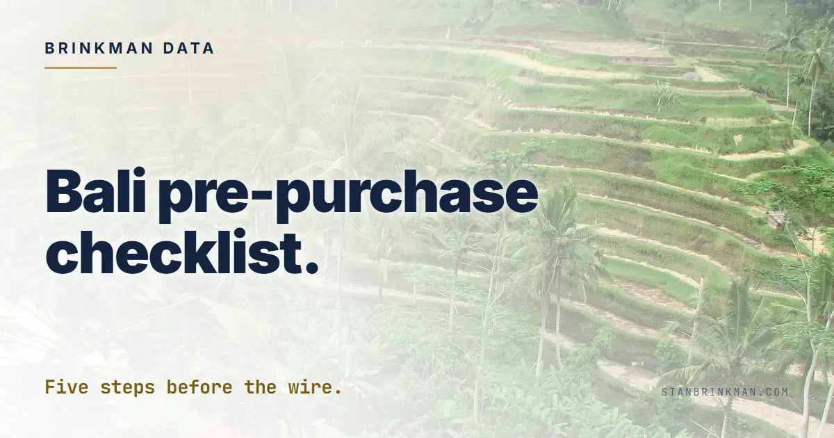 Bali Villa Due Diligence. The Pre-Purchase Checklist Foreign Buyers Skip. Brinkman Data SEO brand card.