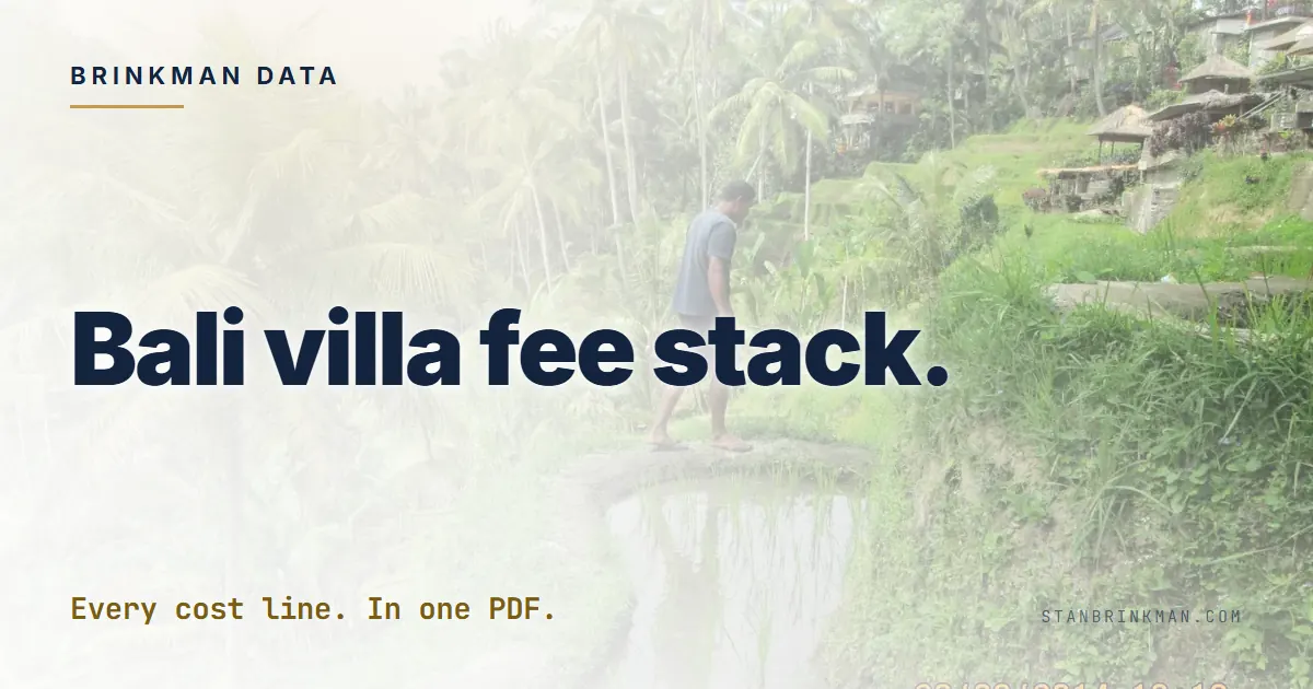 The Bali Villa Fee Stack. Every Cost Line. Brinkman Data SEO brand card.
