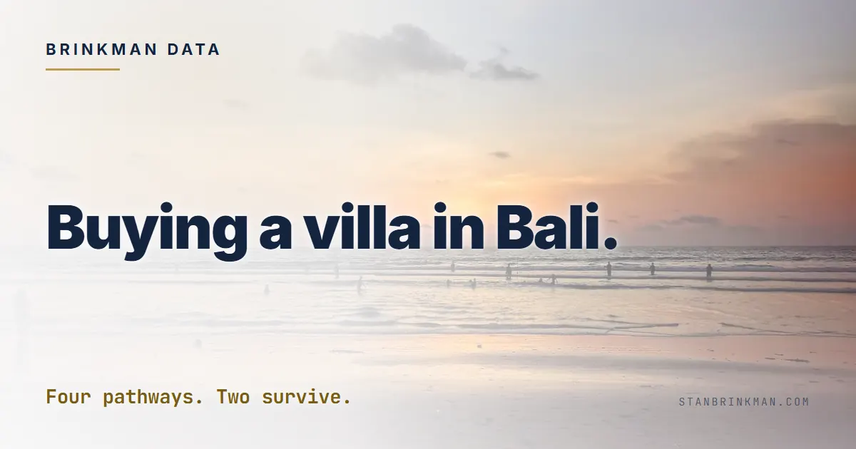 Buying a Villa in Bali as a Foreigner. The 2026 Reality Check. Brinkman Data SEO brand card.
