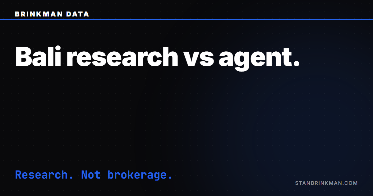 Bali Villa Research vs Real Estate Agent — The Structural Difference. Brinkman Data SEO brand card.