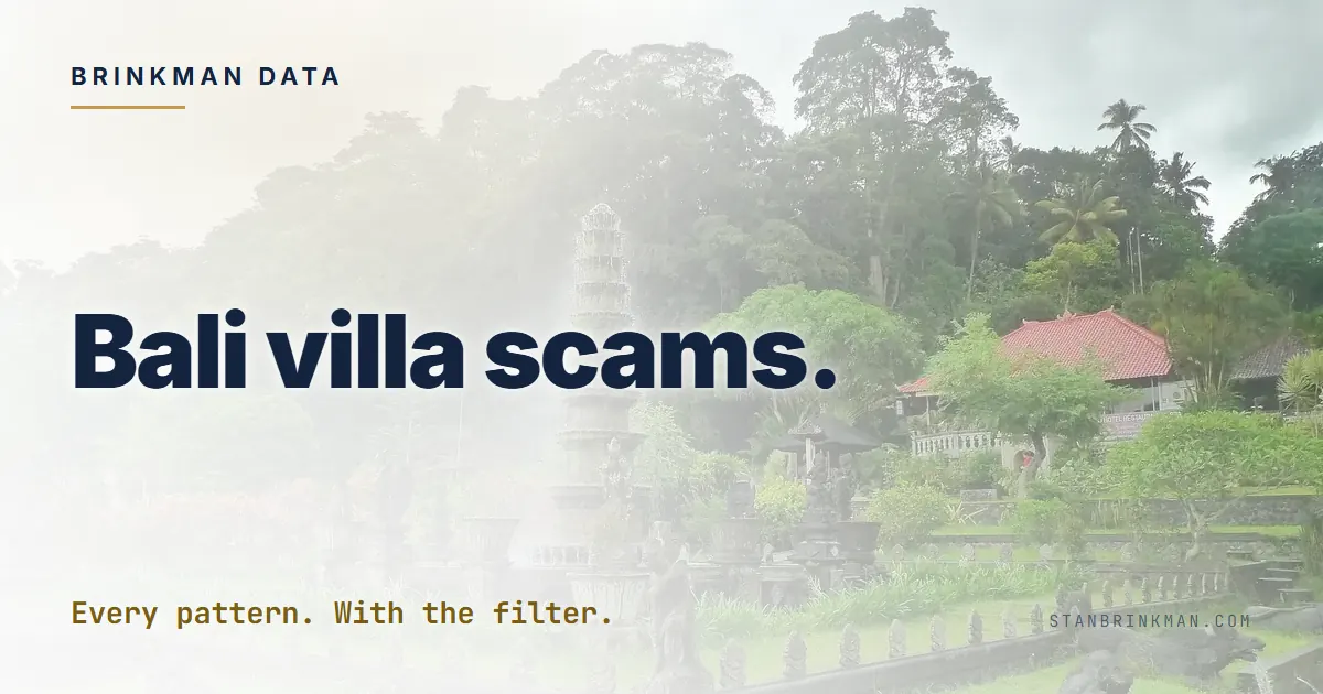 Bali Villa Scams. The Patterns That Repeat. Brinkman Data SEO brand card.