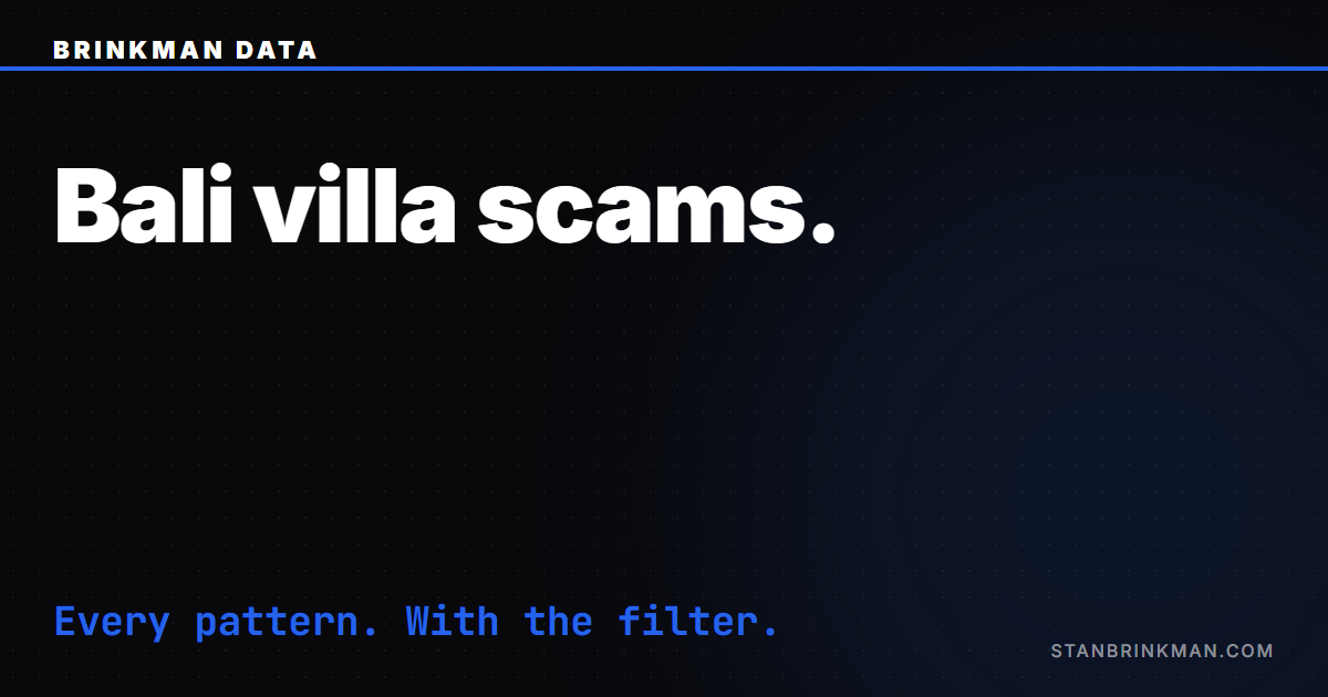 Bali Villa Scams — The Patterns That Repeat. Brinkman Data SEO brand card.