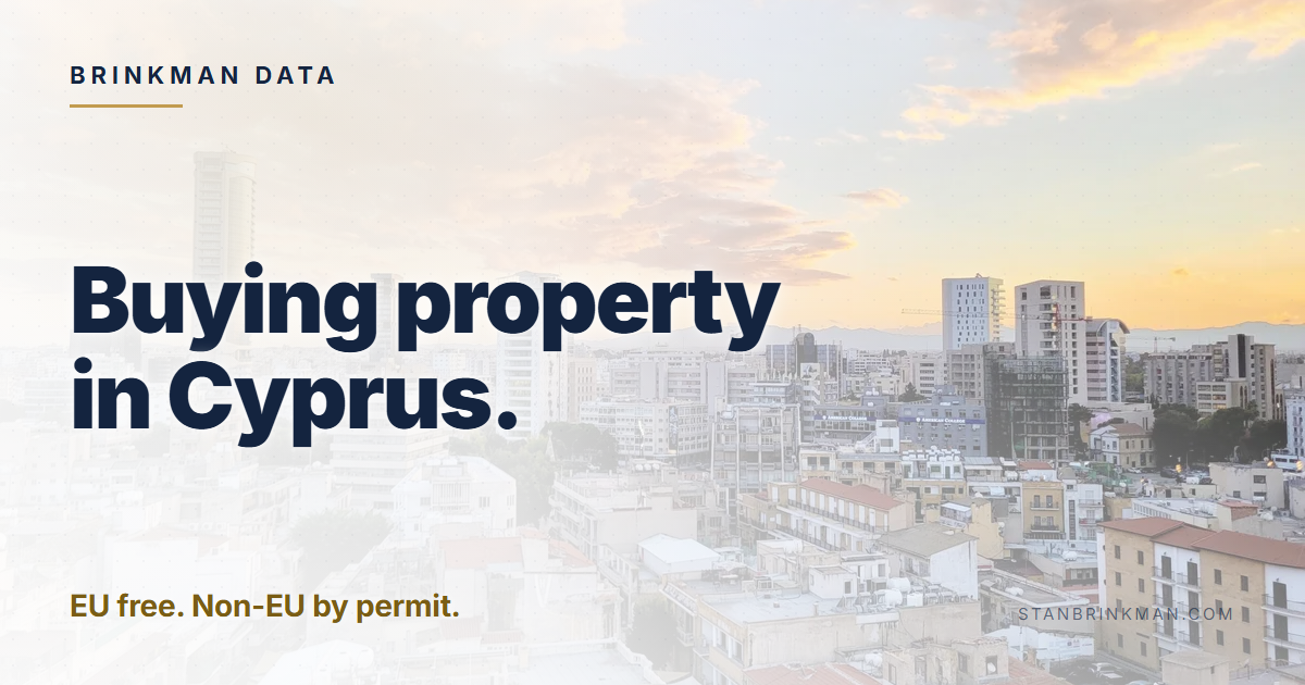 Buying property in Cyprus. EU free. Non-EU by permit. Brinkman Data brand card.