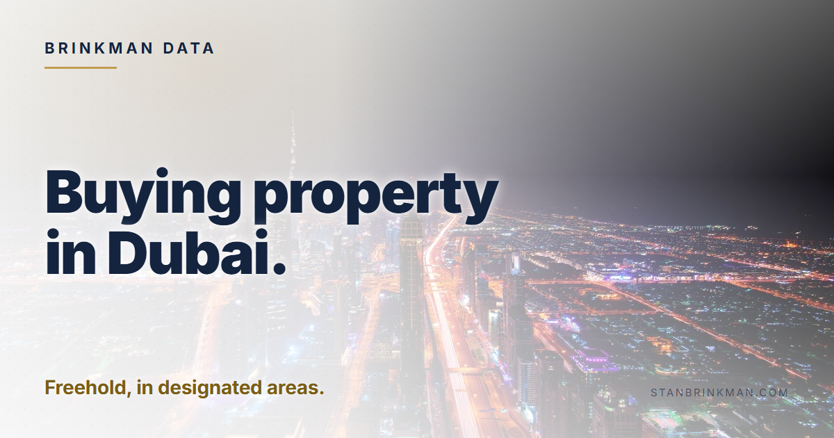 Buying property in Dubai. Freehold, in designated areas. Brinkman Data brand card.