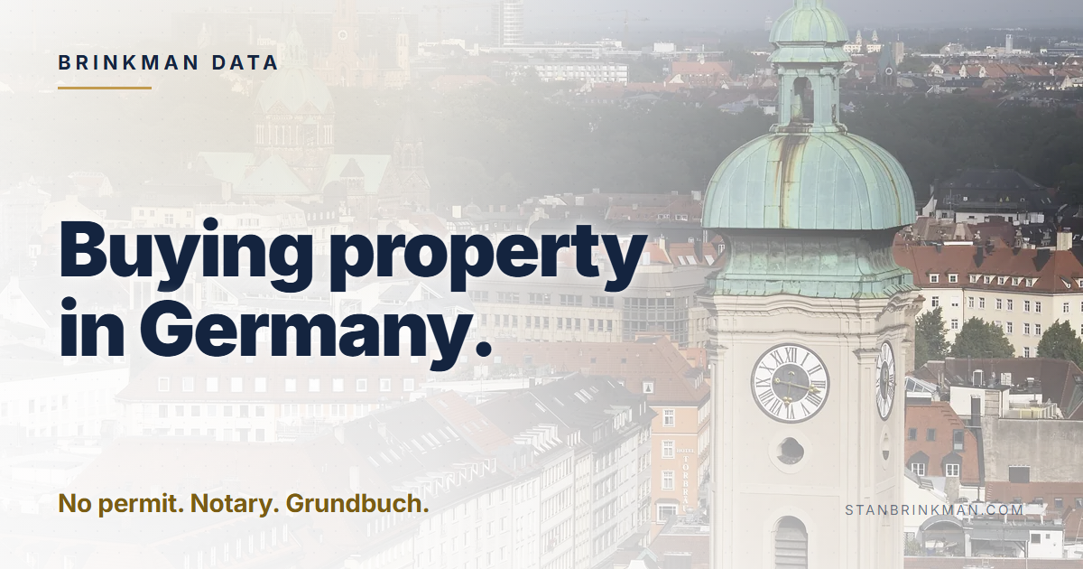 Buying property in Germany. No permit. Notary. Grundbuch. Brinkman Data brand card.