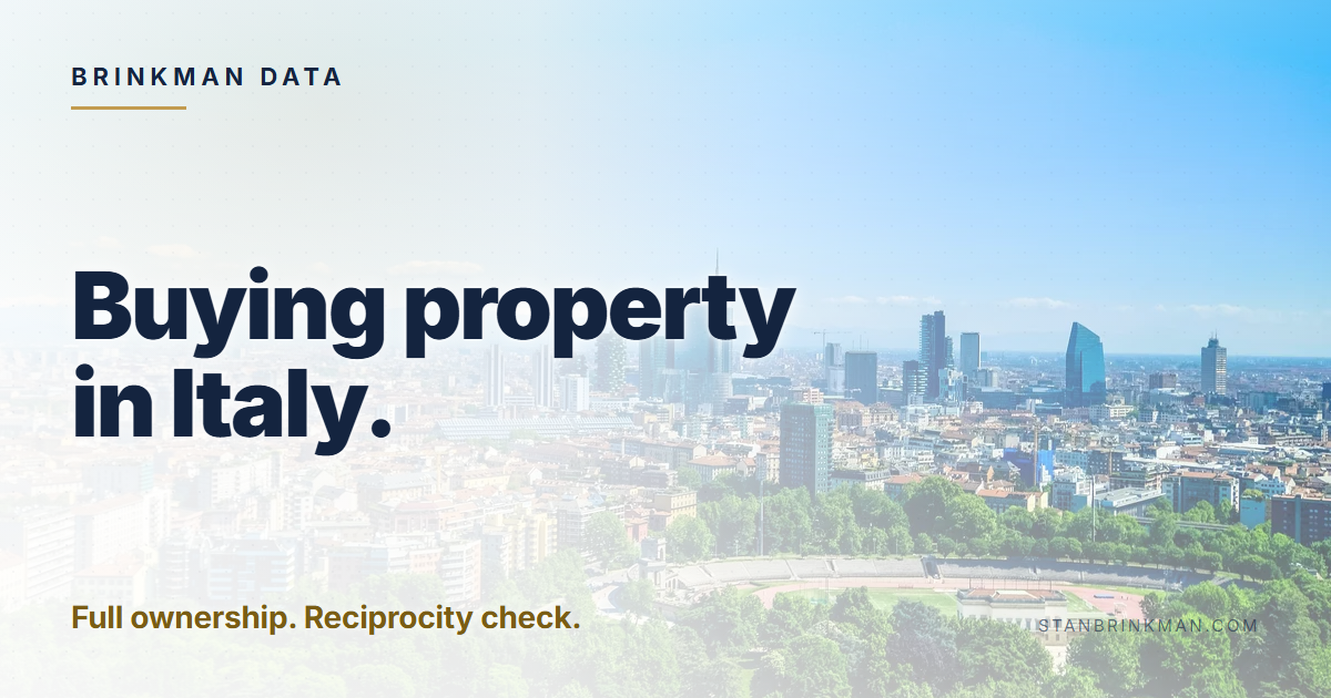 Buying property in Italy. Full ownership. Reciprocity check. Brinkman Data brand card.