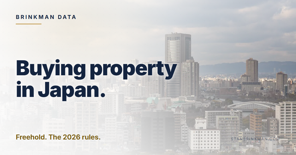 Buying property in Japan. Freehold. The 2026 rules. Brinkman Data brand card.
