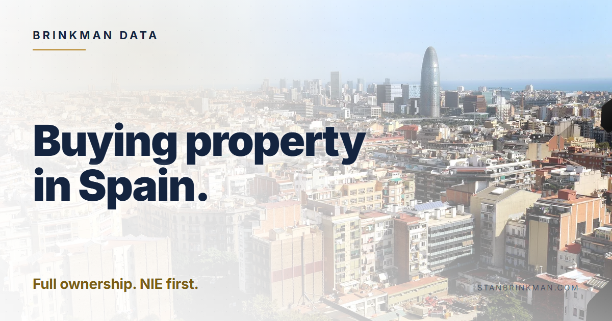 Buying property in Spain. Full ownership. NIE first. Brinkman Data brand card.