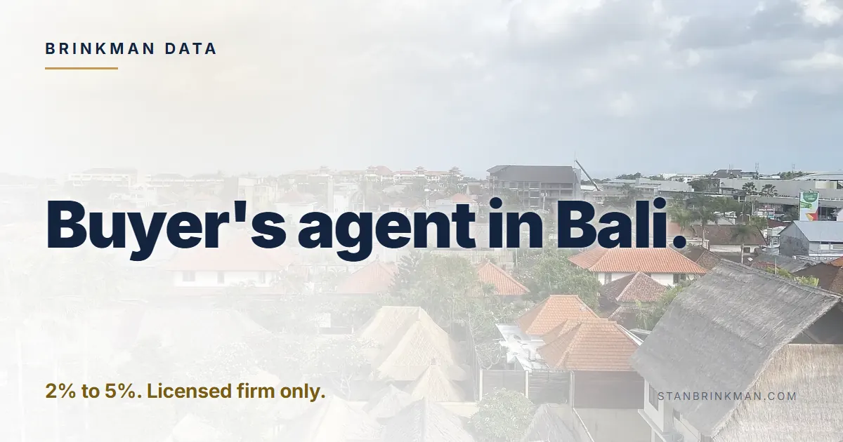 Buyer's agent in Bali. 2% to 5%. Licensed firm only. Brinkman Data brand card.
