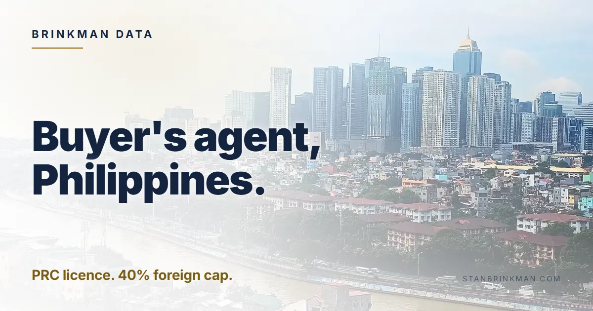 Buyer's agent, Philippines. PRC licence. 40% foreign cap. Brinkman Data brand card.