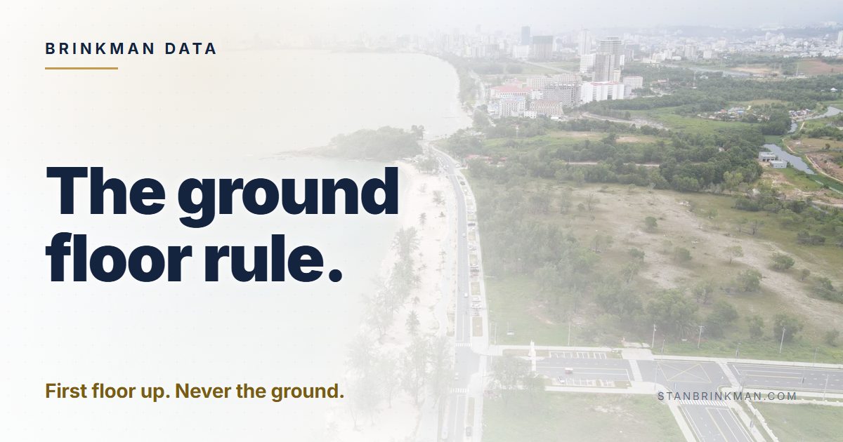 The ground floor rule. First floor up. Never the ground. Brinkman Data brand card.