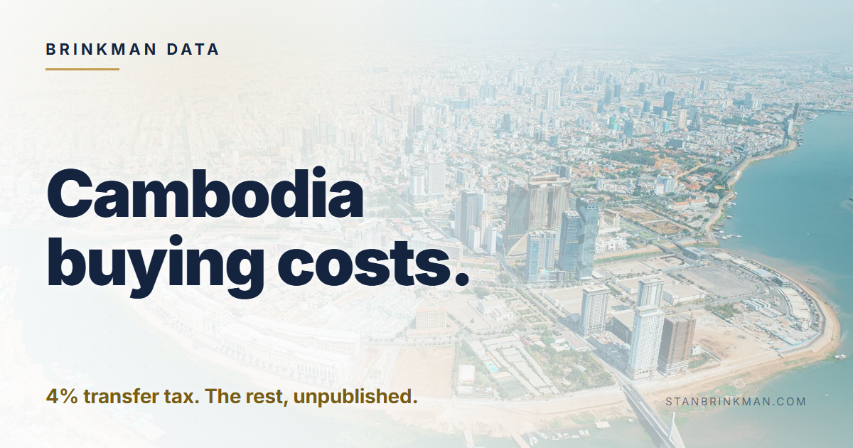 Cambodia buying costs. 4% transfer tax. The rest, unpublished. Brinkman Data brand card.
