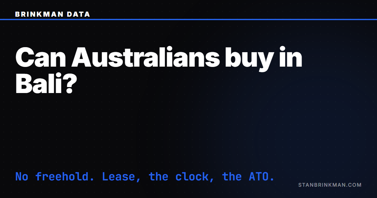 Can Australians buy property in Bali — the Aussie buyer holds a lease, not freehold. Brinkman Data SEO brand card.