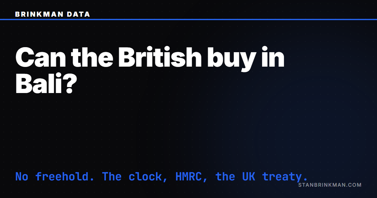 Can British buy property in Bali — no freehold, plus the UK residence-based tax layer. Brinkman Data SEO brand card.