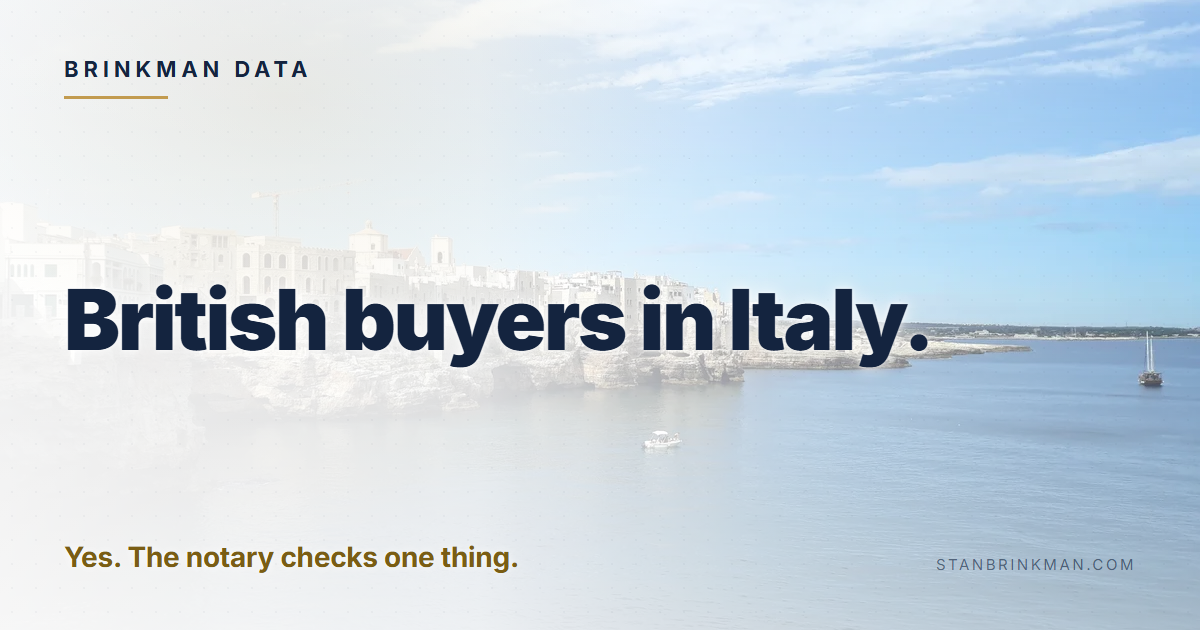 British buyers in Italy. Yes. The notary checks one thing. Brinkman Data brand card.