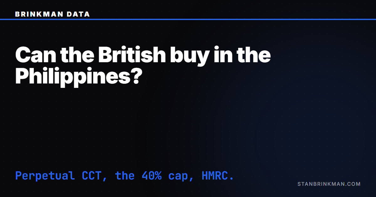 Can British buy property in the Philippines — a perpetual condo title, plus the UK residence-based tax layer. Brinkman Data SEO brand card.
