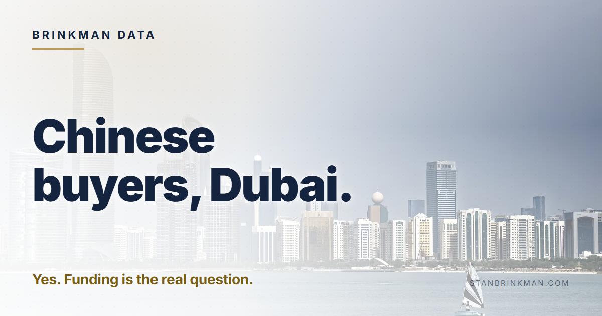 Chinese buyers in Dubai. Freehold, in designated areas only. Brinkman Data brand card.