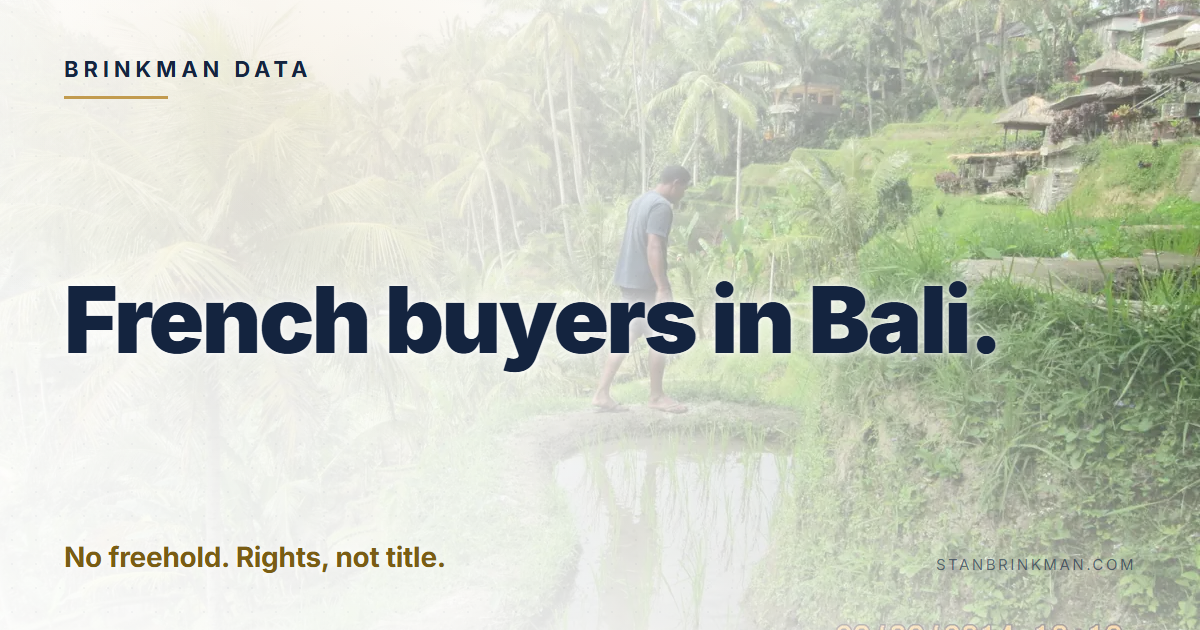 French buyers in Bali. No freehold. Rights, not title. Brinkman Data brand card.