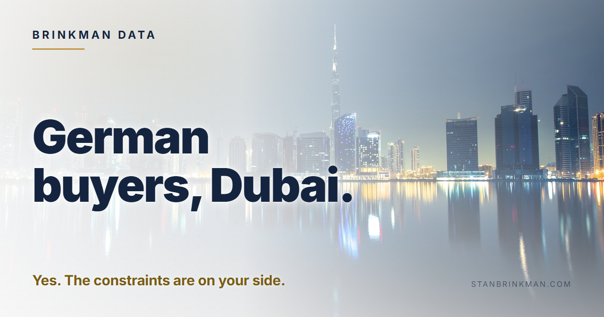 Germans buying in Dubai. Freehold. Germany still asks. Brinkman Data brand card.