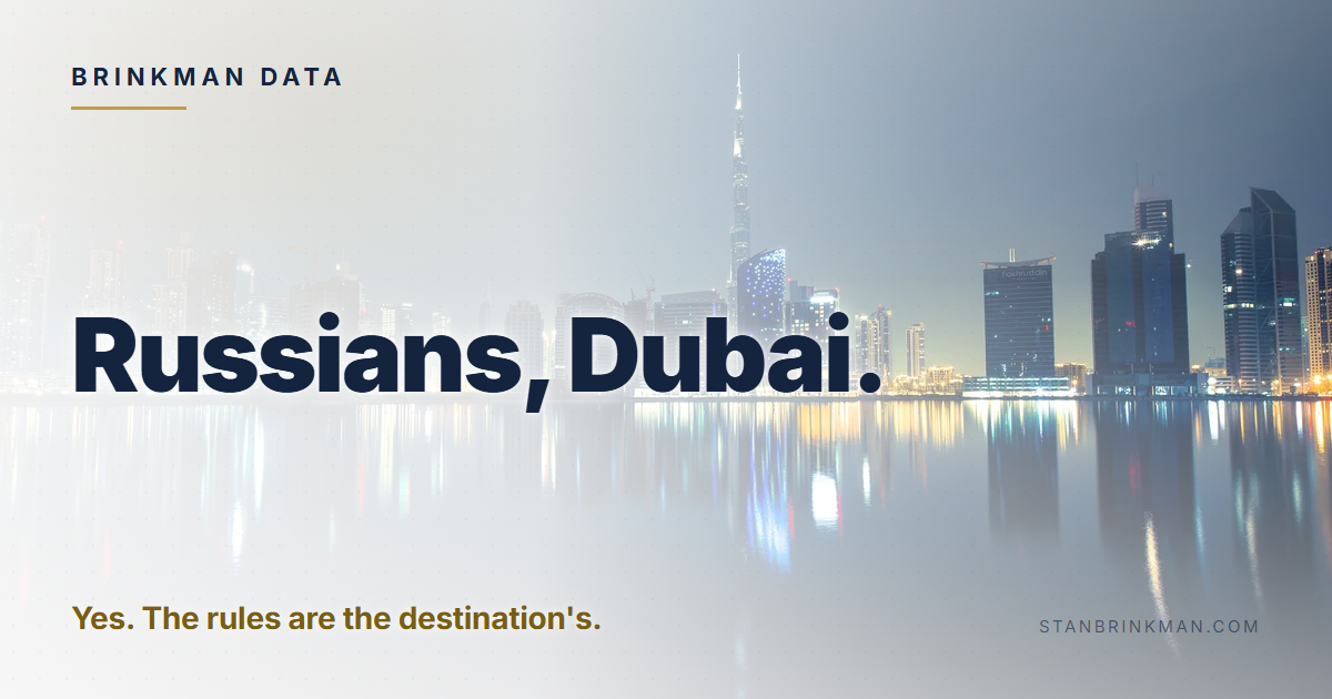 Russian buyers in Dubai. Freehold, designated plots only. Brinkman Data brand card.