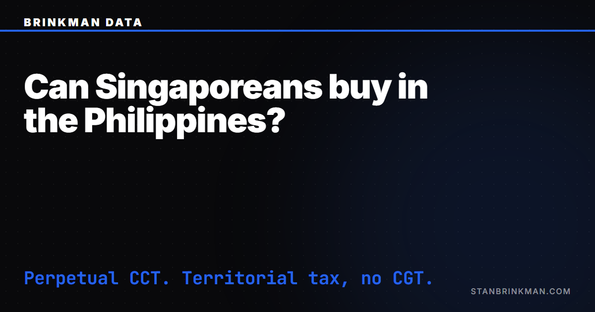 Can Singaporeans buy property in the Philippines. A perpetual condo title, plus the Singapore territorial-tax layer. Brinkman Data SEO brand card.