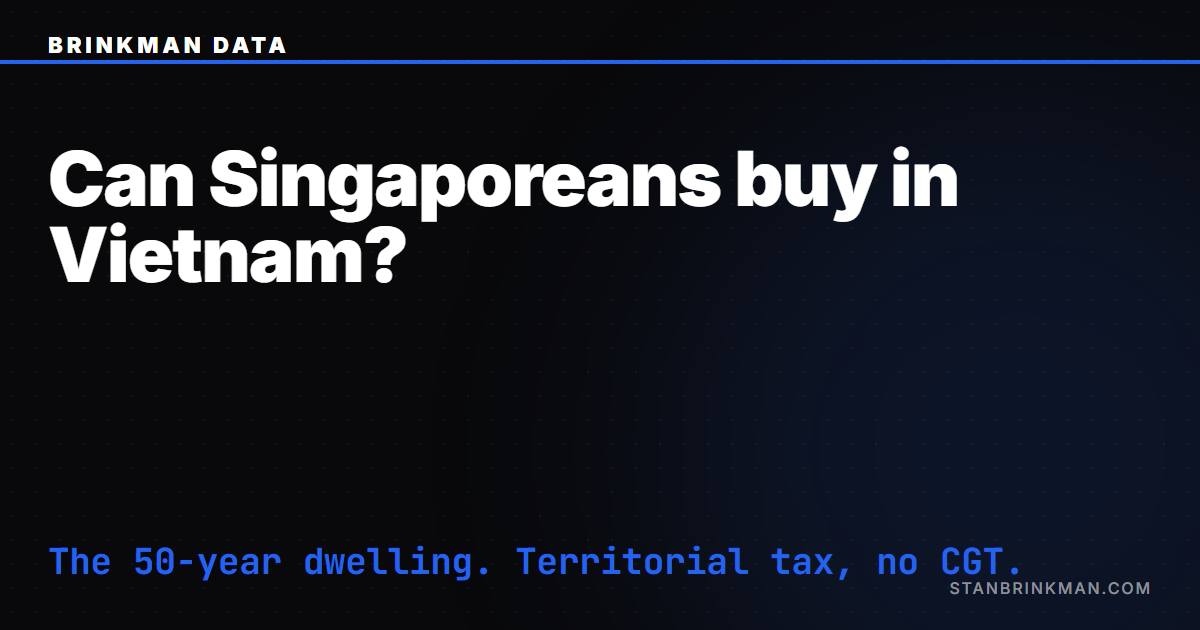 Can Singaporeans buy property in Vietnam. The 50-year dwelling, plus the Singapore territorial-tax layer. Brinkman Data SEO brand card.