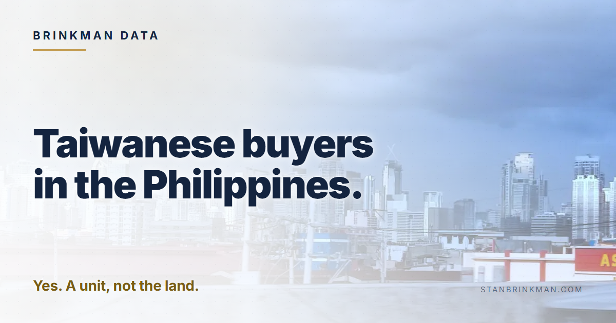 Taiwanese buyers in the Philippines. Yes. A unit, not the land. Brinkman Data brand card.