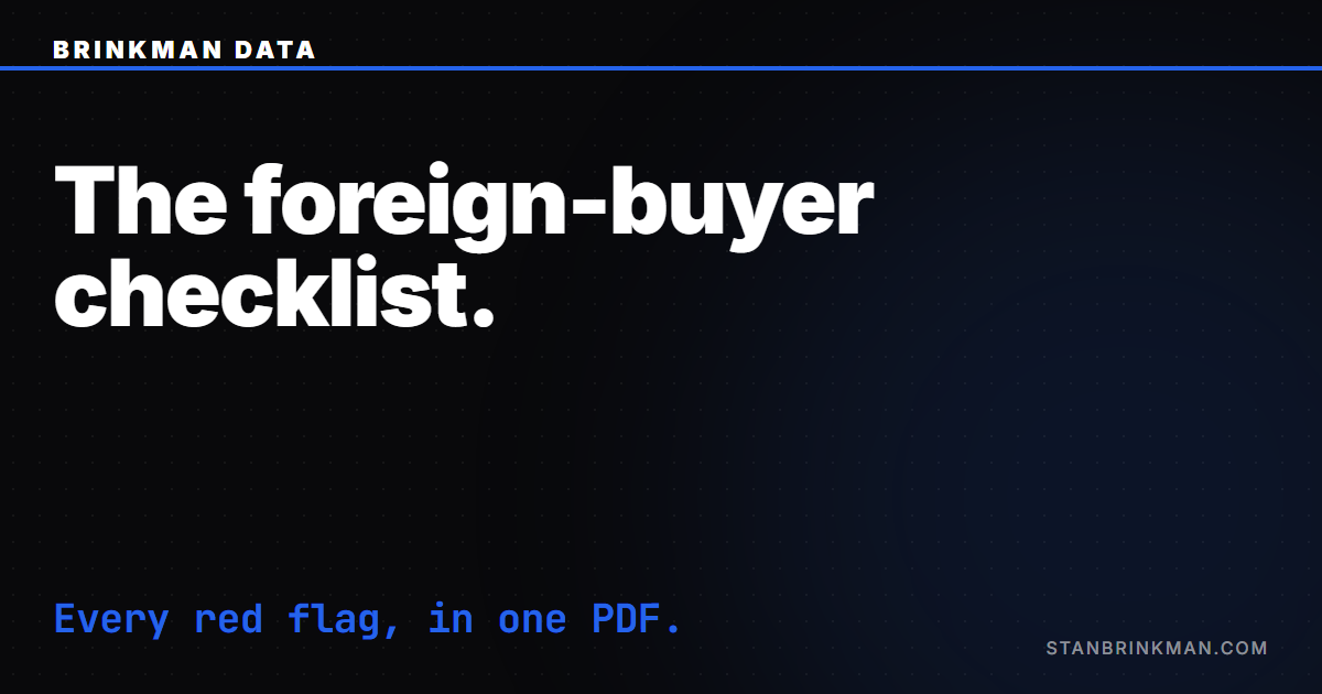 The foreign-buyer checklist. Every red flag, in one PDF. Brinkman Data SEO brand card.