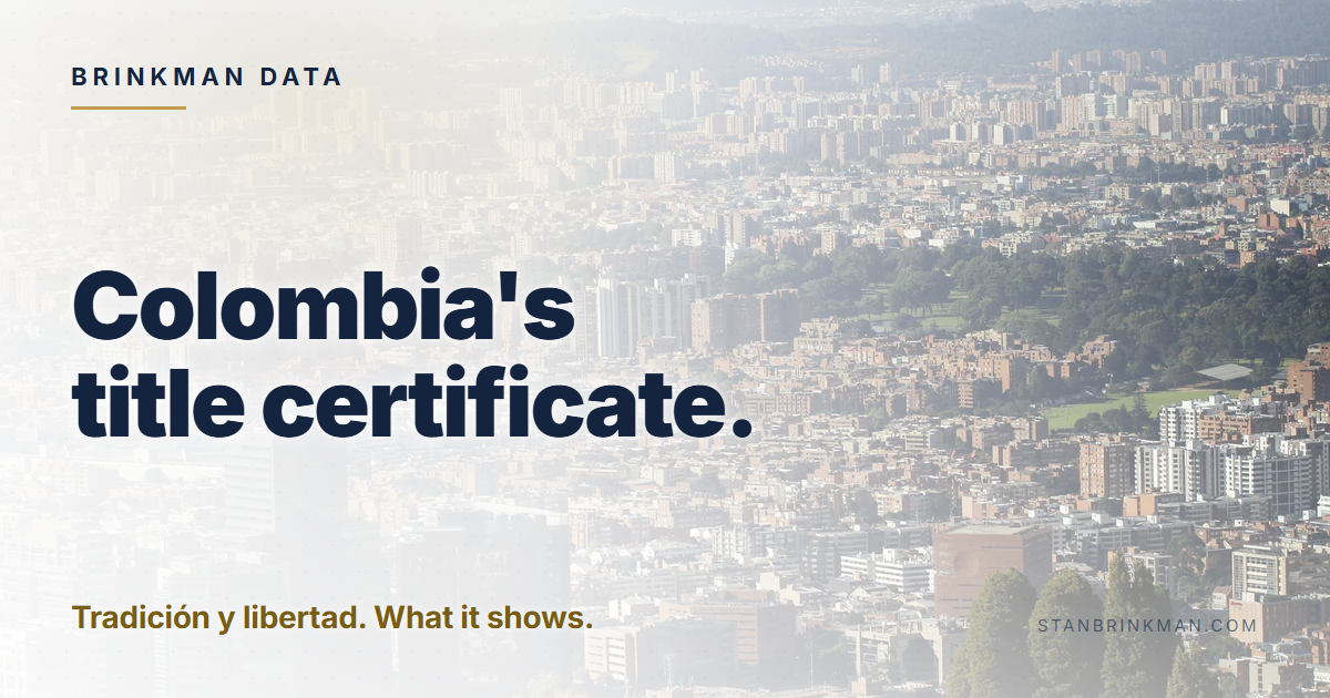 Colombia's title certificate. Tradición y libertad. What it shows. Brinkman Data brand card.