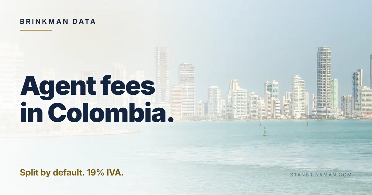Agent fees in Colombia. Split by default. 19% IVA. Brinkman Data brand card.