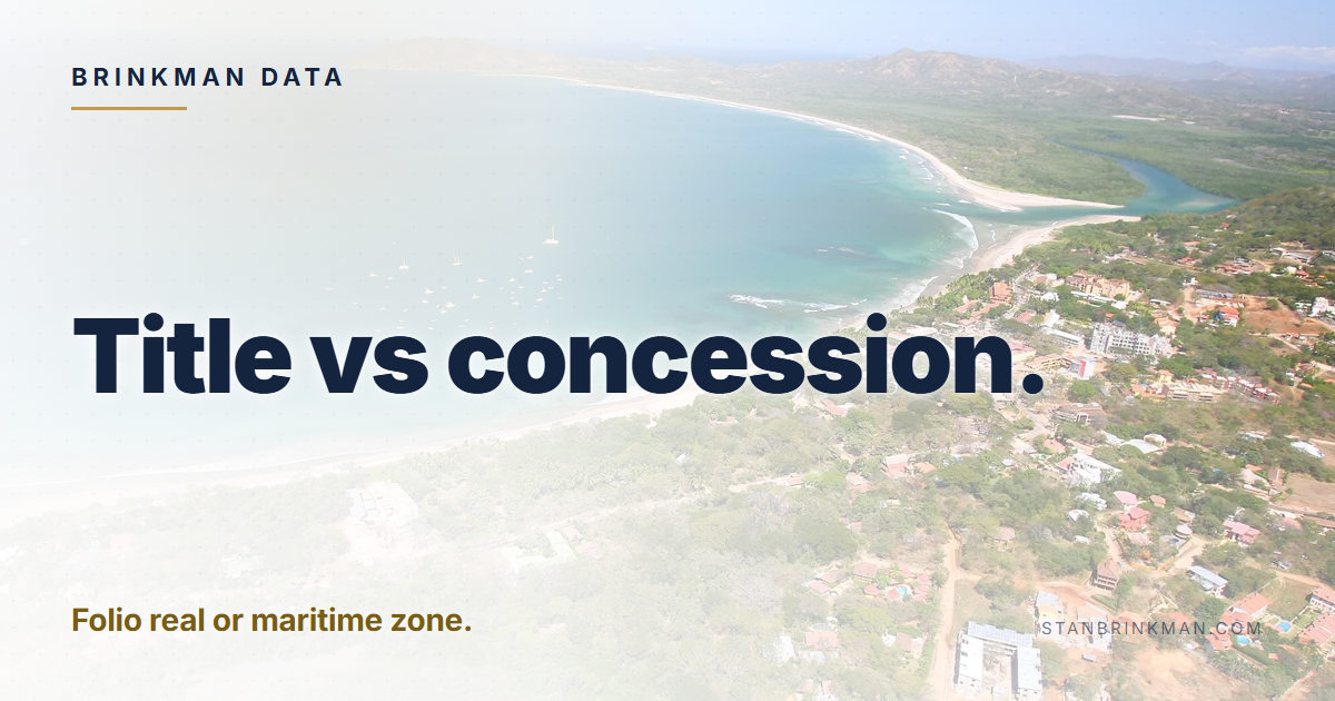 Title vs concession. Folio real or maritime zone. Brinkman Data brand card.