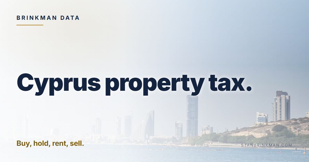 Cyprus property tax. Buy, hold, rent, sell. Brinkman Data brand card.