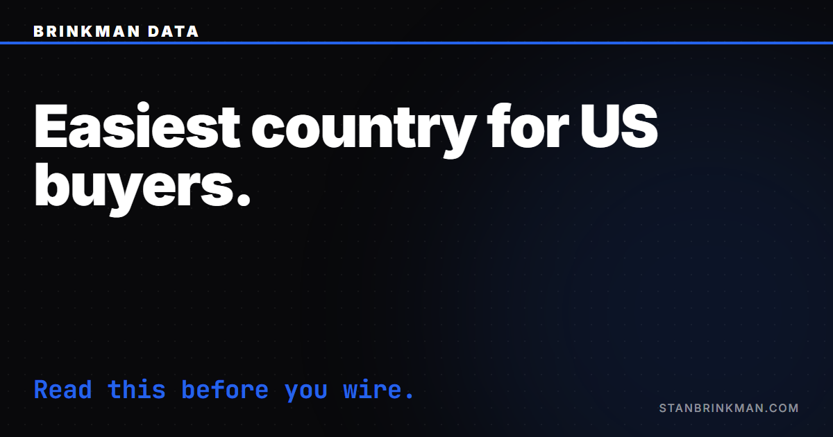 Easiest country for US citizens to buy property abroad — easy entry versus safe ownership. Brinkman Data SEO brand card.