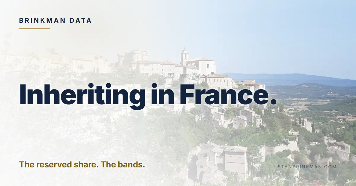 Inheriting a French home. The reserved share, the bands, the notary. Brinkman Data brand card.