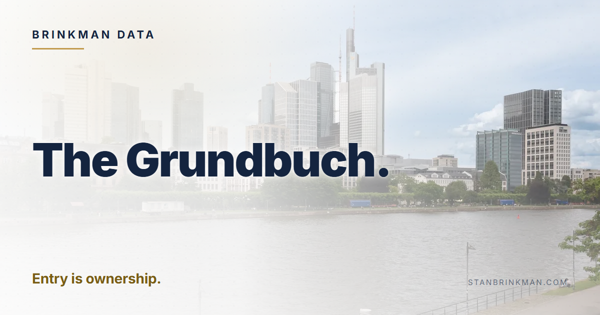 The Grundbuch. Entry is ownership. Brinkman Data brand card.