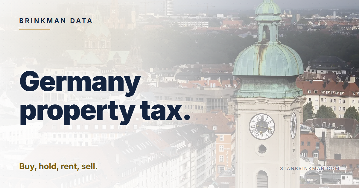 Germany property tax. Buy, hold, rent, sell. Brinkman Data brand card.