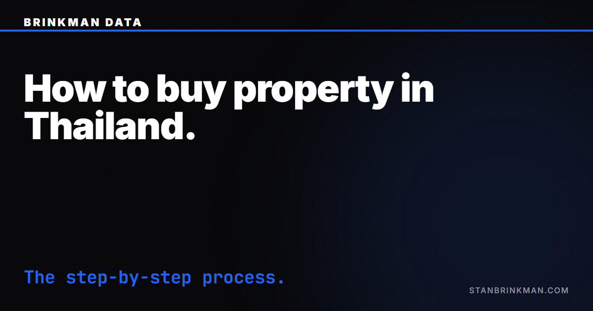 How to buy property in Thailand as a foreigner — the step-by-step process from quota check to Land Office transfer. Brinkman Data SEO brand card.