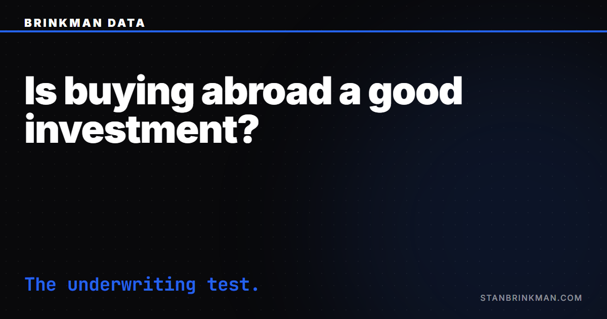 Is buying property abroad a good investment — the four-number underwriting test. Brinkman Data SEO brand card.