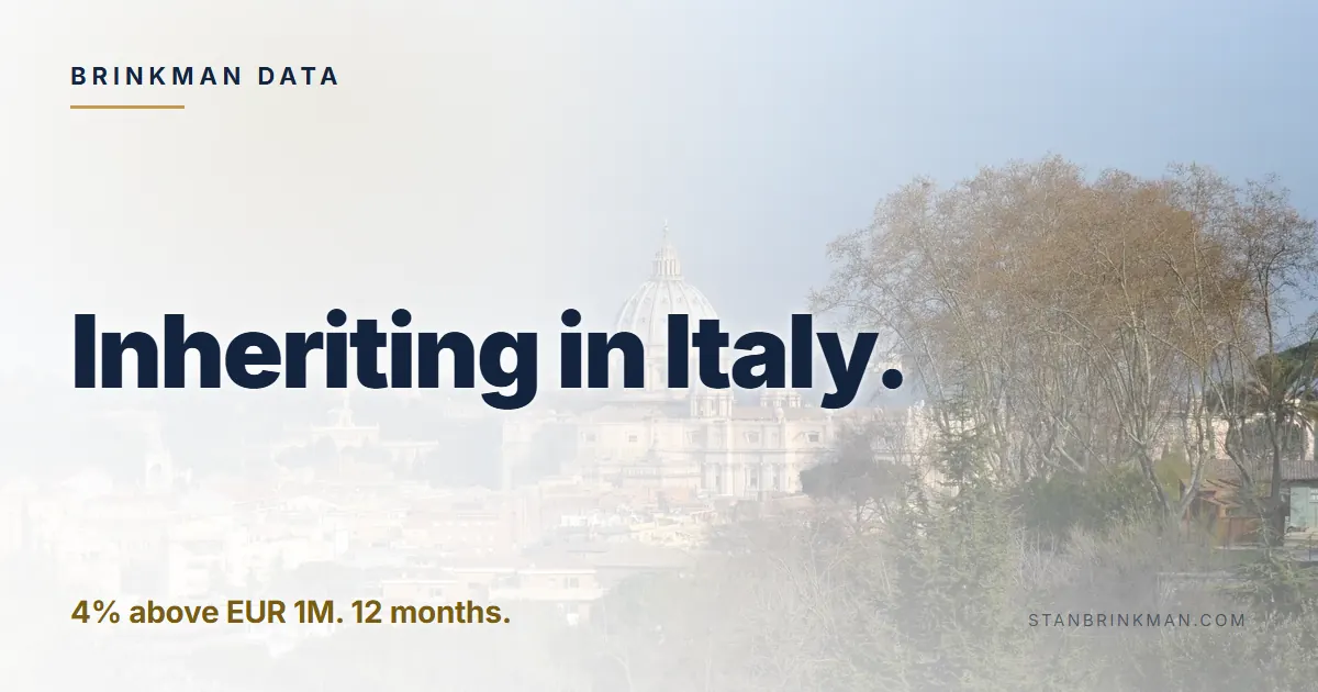 Inheriting an Italian home. 4% above EUR 1M. 12 months to file. Brinkman Data brand card.