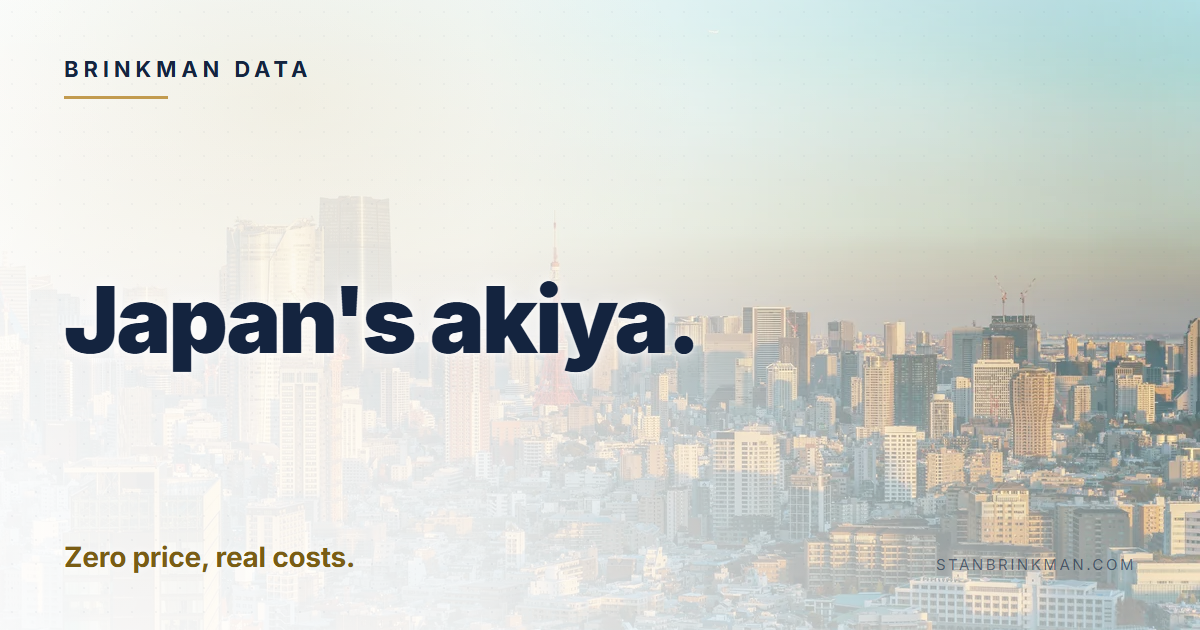 Japan's akiya. Zero price, real costs. Brinkman Data brand card.
