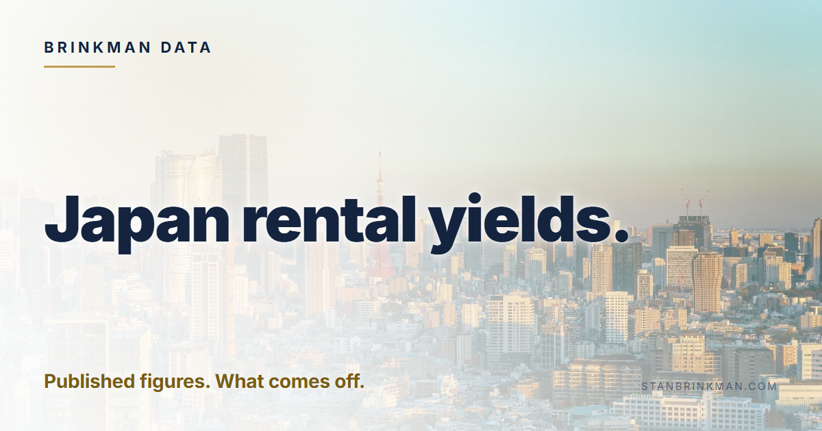 Japan rental yields. Published figures. What comes off. Brinkman Data brand card.