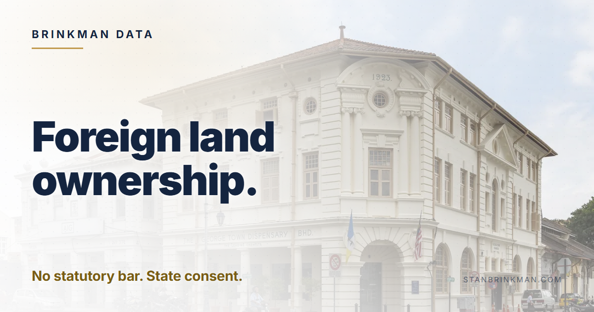 Foreign land ownership. No statutory bar. State consent. Brinkman Data brand card.