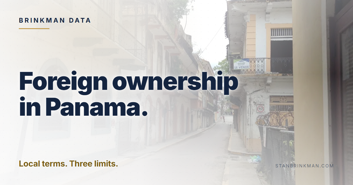 Foreign ownership in Panama. Local terms. Three limits. Brinkman Data brand card.